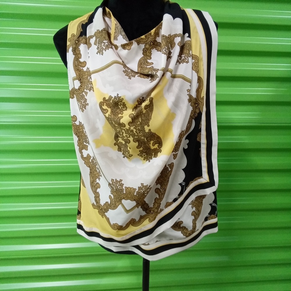 NYC Blouse SMALL White Gold Black Medallion Sleeveless‎ Wrap Drape Neckline